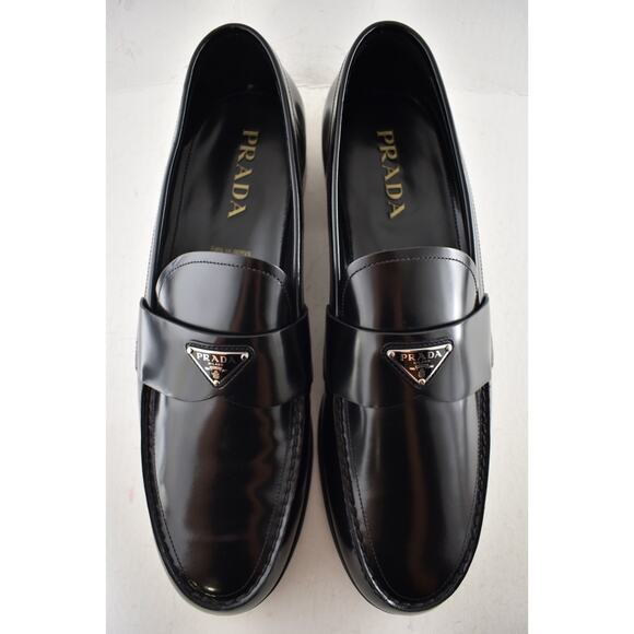 Prada Black Brushed Leather Triangle Logo Classic Loafer SlipOn Flat UK 12 US 13 main image 12